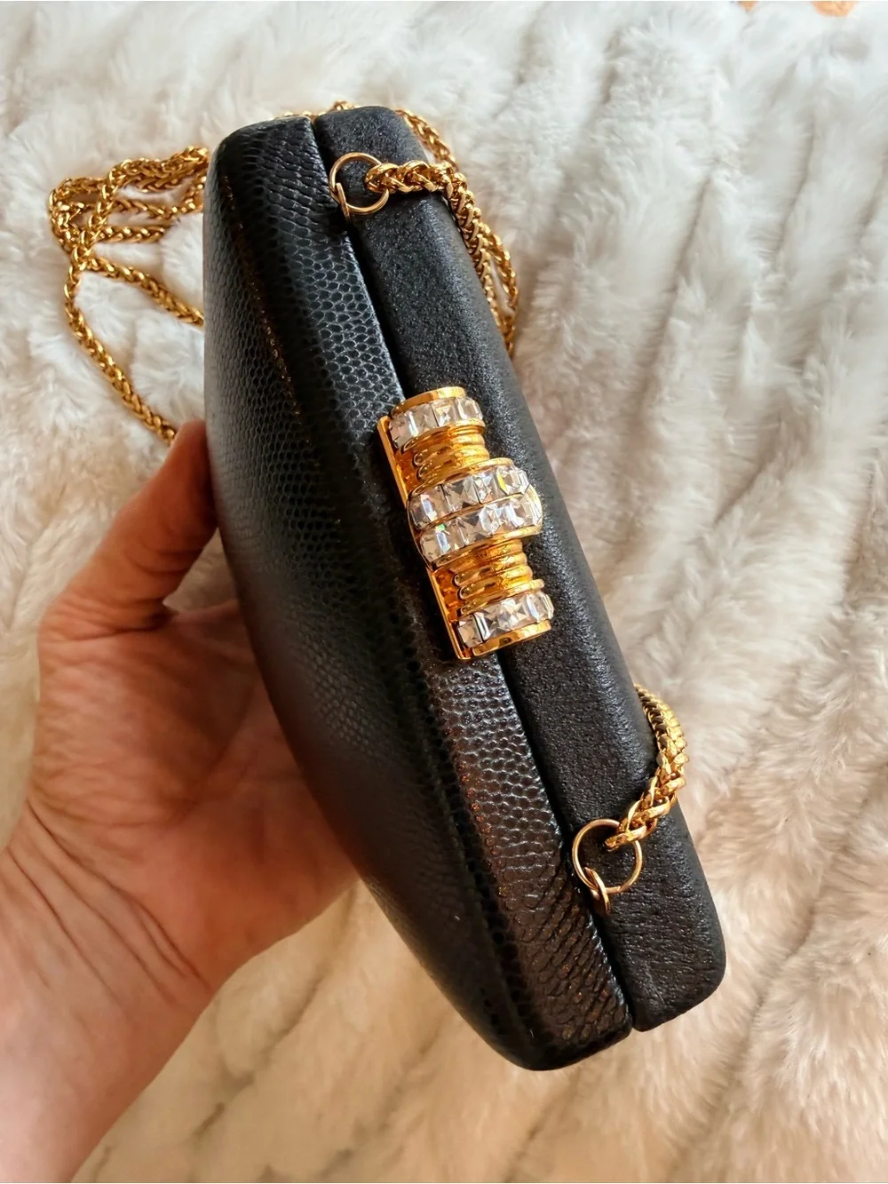 RODO Black Leather Evening Crossbody with Gold Chain